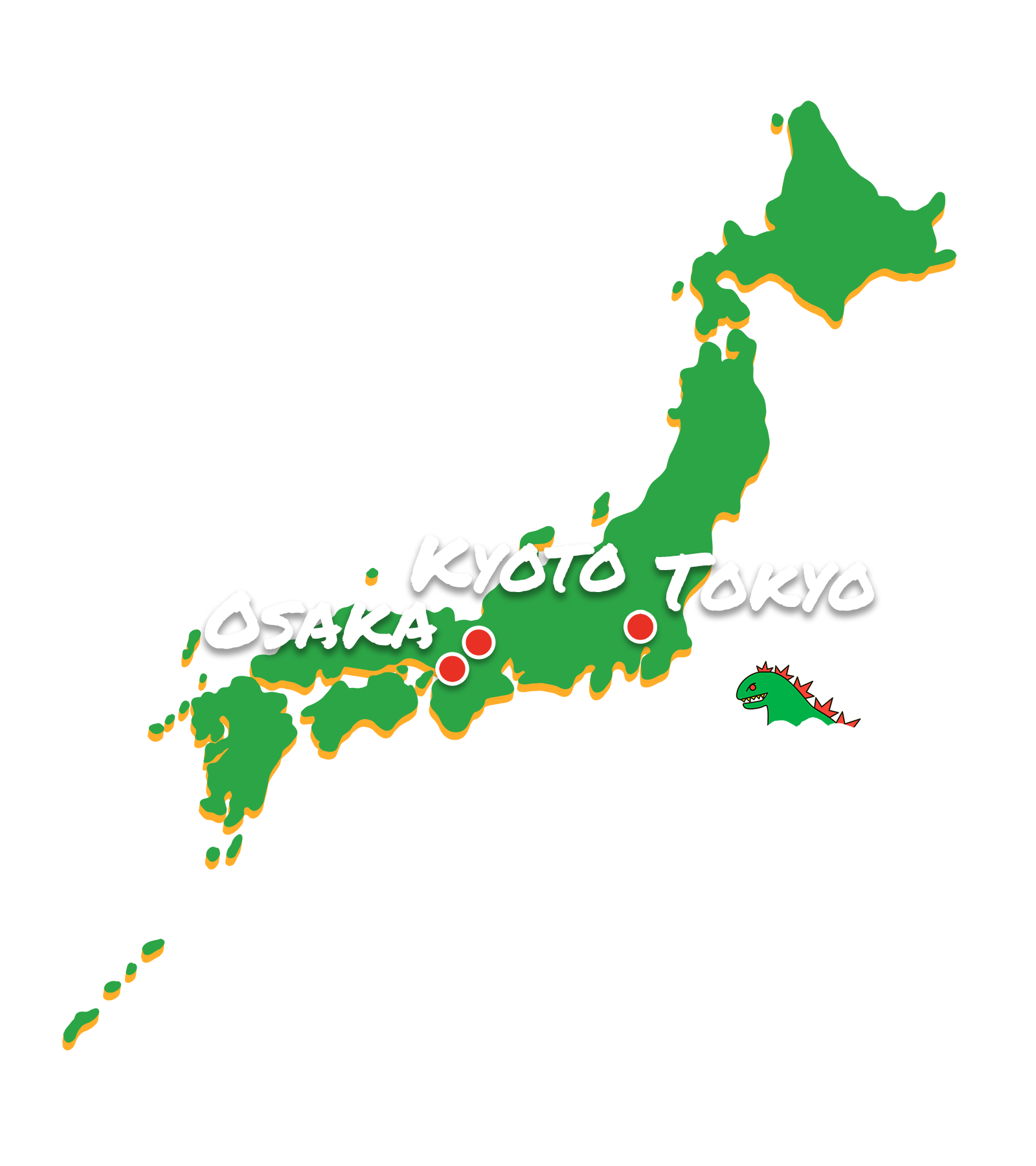 Map of Japan with Tokyo, Kyoto, and Osaka marked as travel destinations.